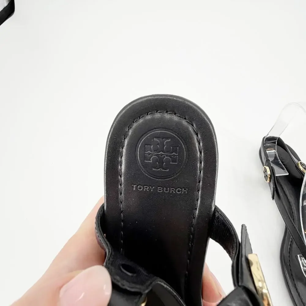 Tory Burch Minnie Travel Sandals Black Leather Thong Slingback Flat Shoes 6.5